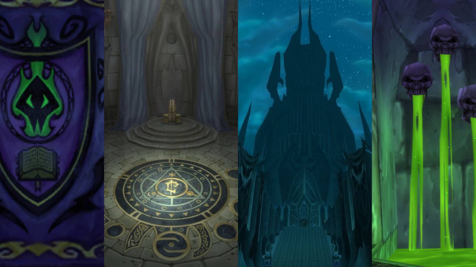 title split image Arthas Historic Events Northrend Cult of The Damned Lordaeron throne room Icecrown Citadel Naxxramus interior skulls
