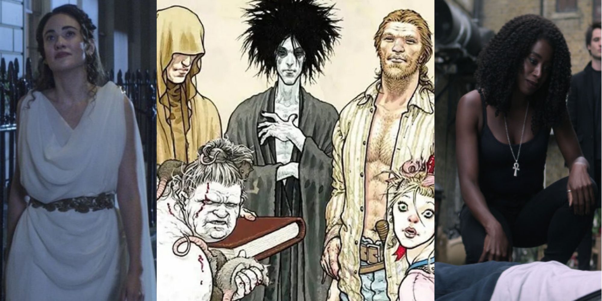 title split image family from the sandman calliope group pic from comic Death 