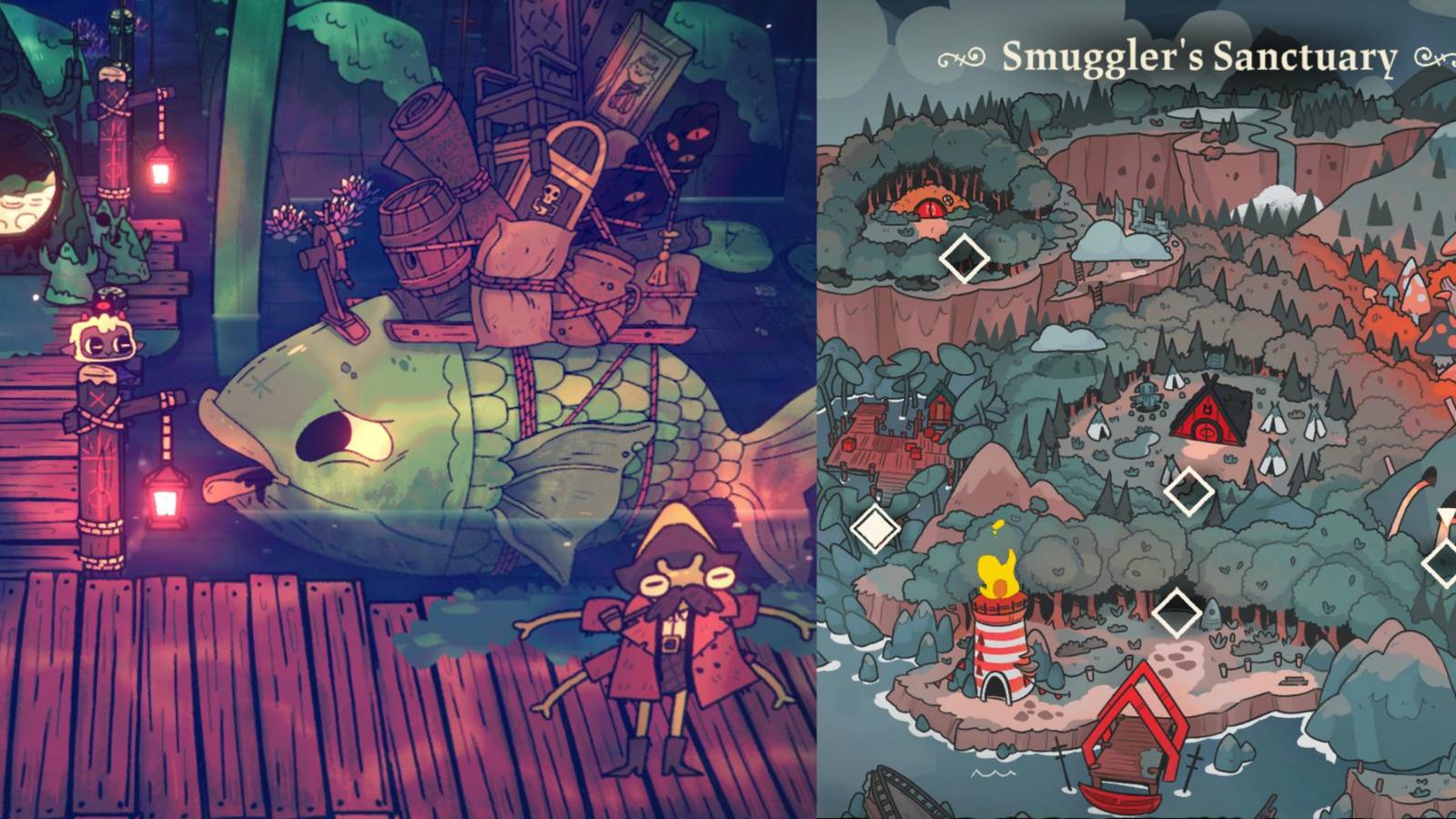 title split image smuggler's sanctuary cult of the lamb interior and map 