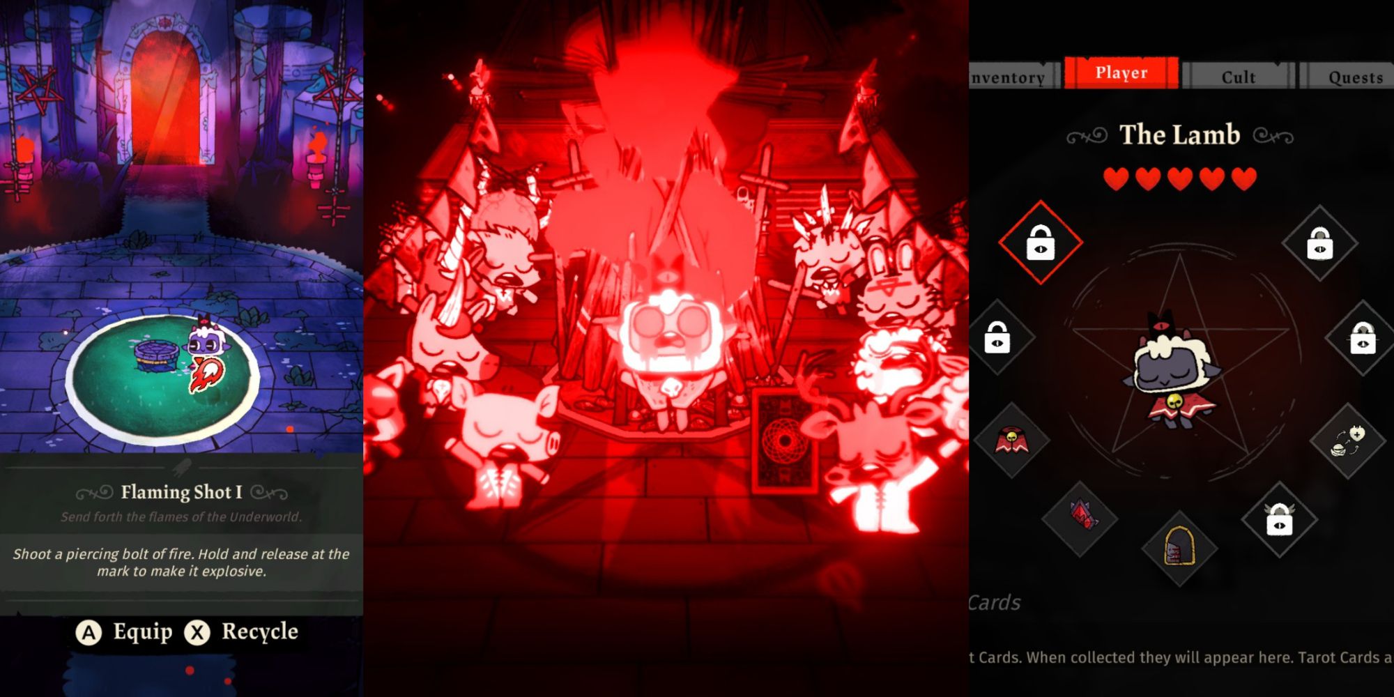 title split image x beginner tips for cult of the lamb weapon recycle bonfire ritual inventory screen