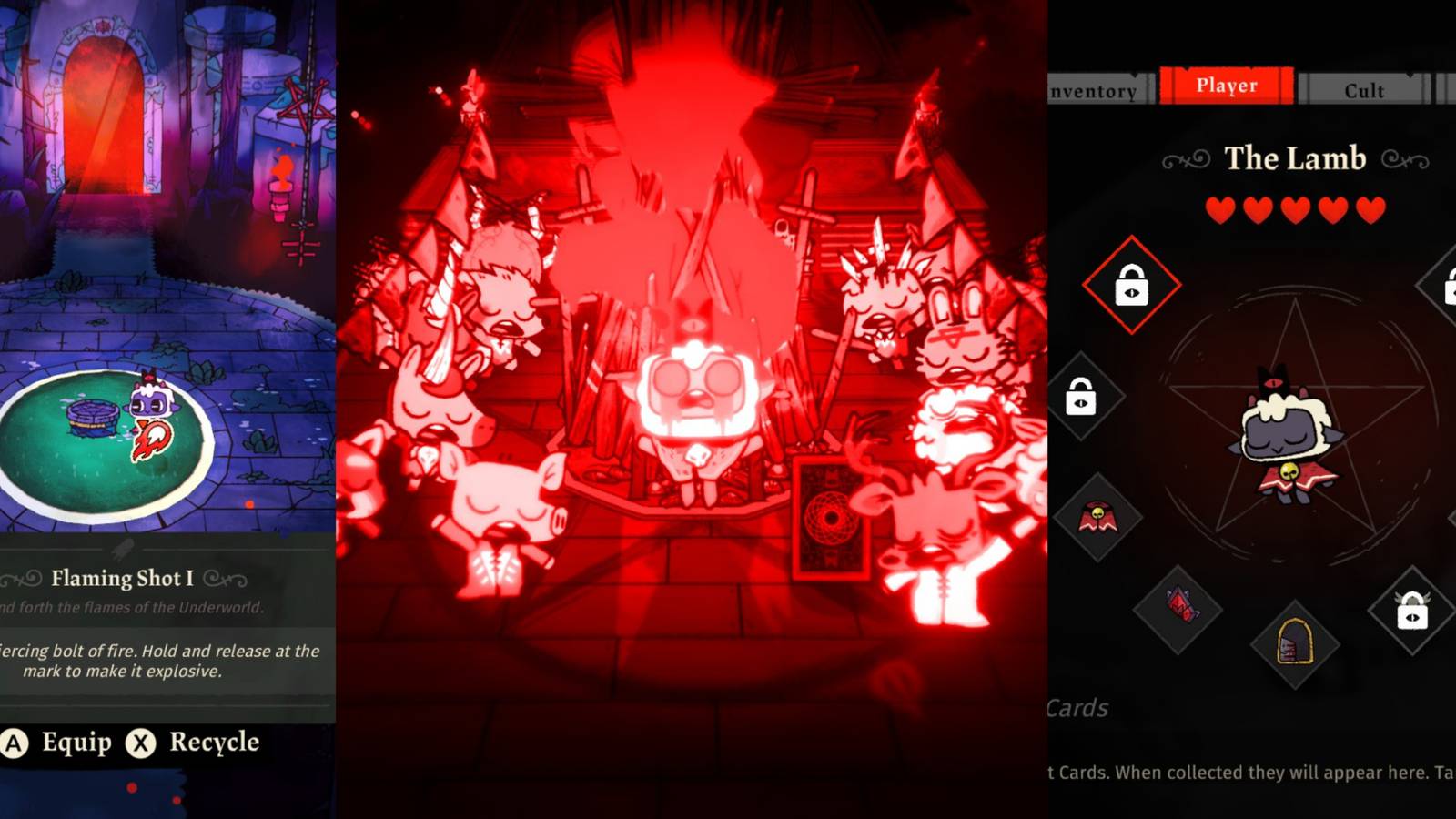 title split image x beginner tips for cult of the lamb weapon recycle bonfire ritual inventory screen