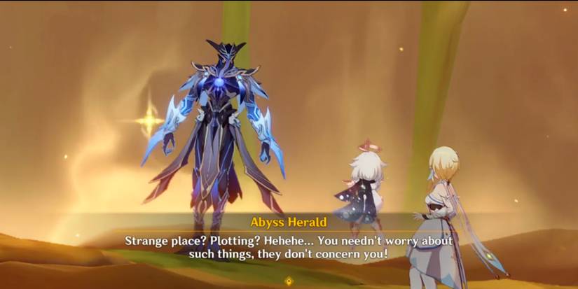 traveler and paimon and hydro abyss herlad in genshin impact