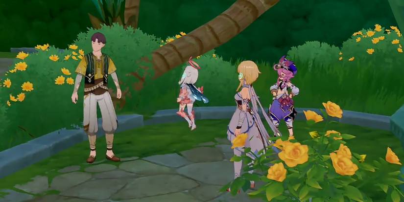 traveler meeting dori with raunak and paimon in genshin impact