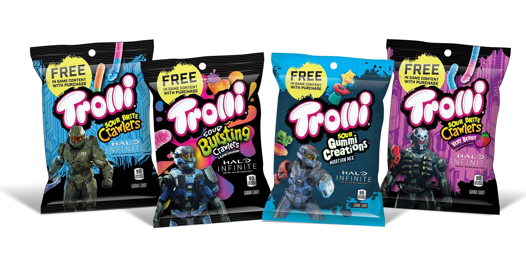 Four variants of limited-edition Trolli candy based on Halo Infinite.