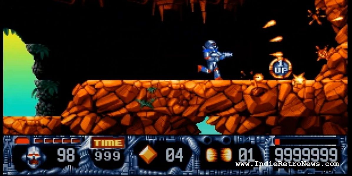 The player finds an extra life in Turrican 2