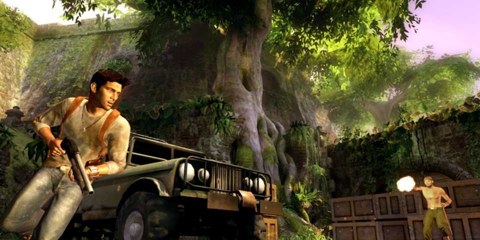 Nathan Drake taking cover behind a jeep in the jungle in Uncharted: Drake's Fortune