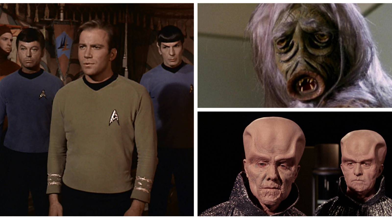 captain kirk, bones and spock with alien creatures from star trek the original series