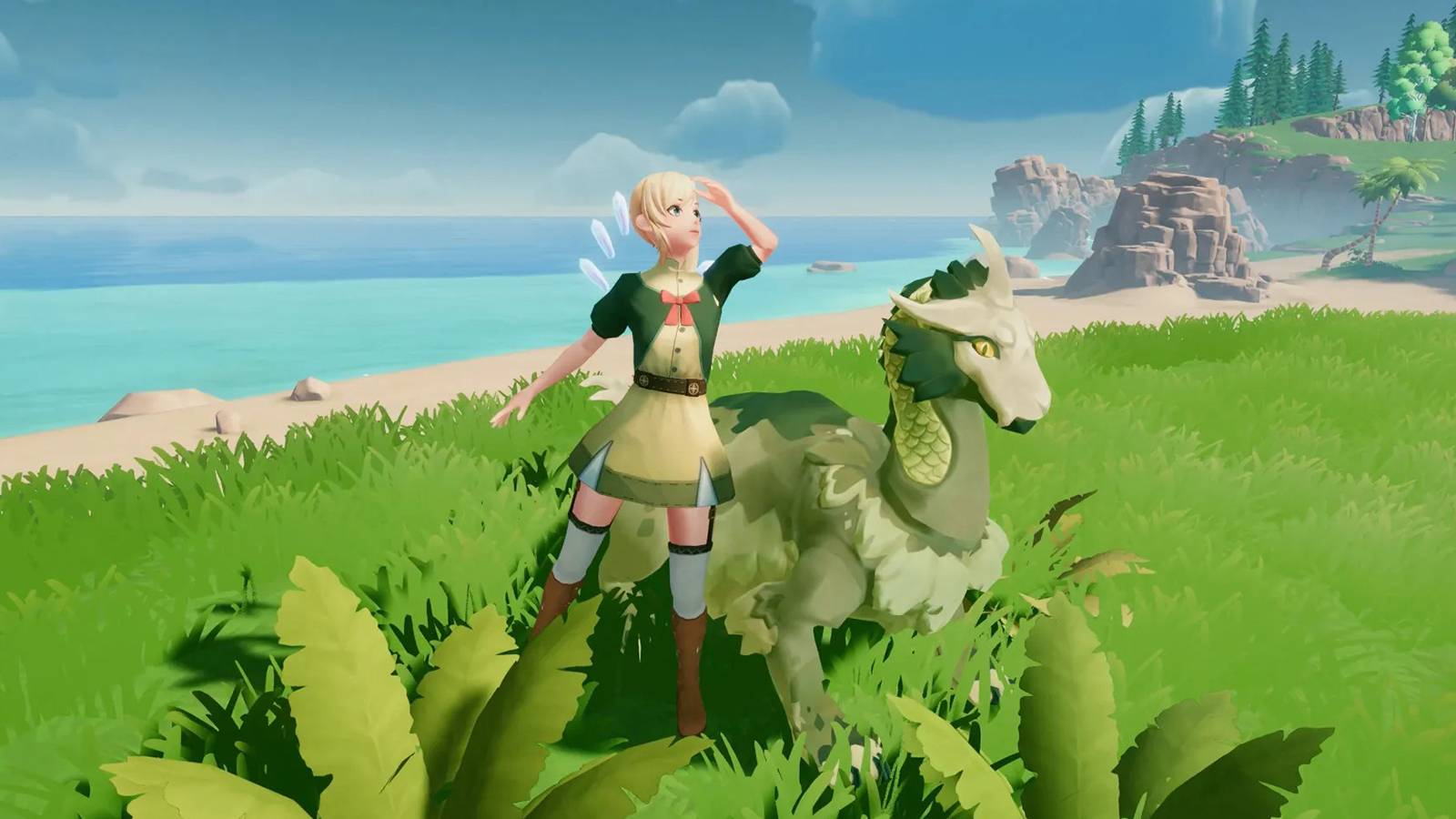 untamed isles character standing on hill with green dragon-like creature