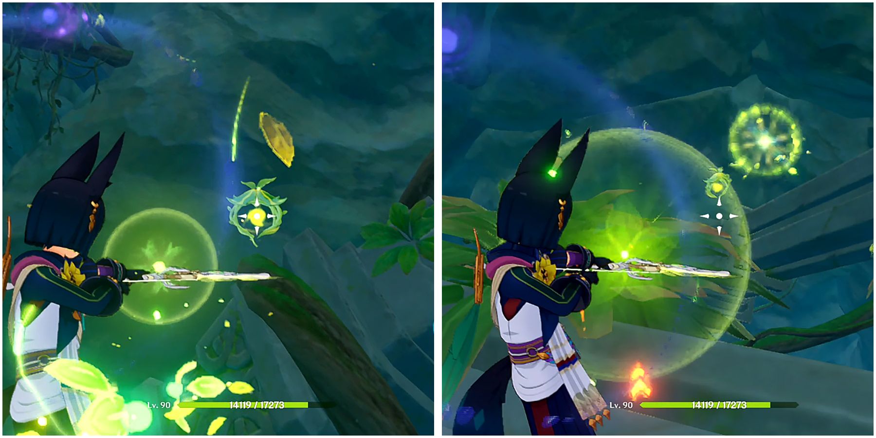 using tighnari bow to shoot the two dendro objects in genshin impact