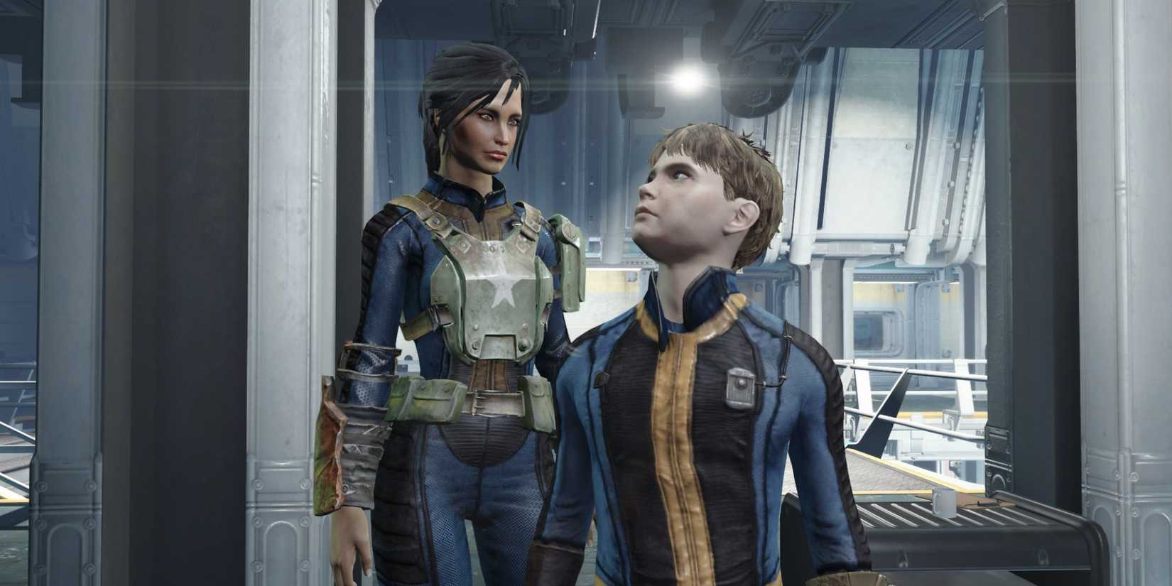 Two vault dwellers stand inside a clean vault