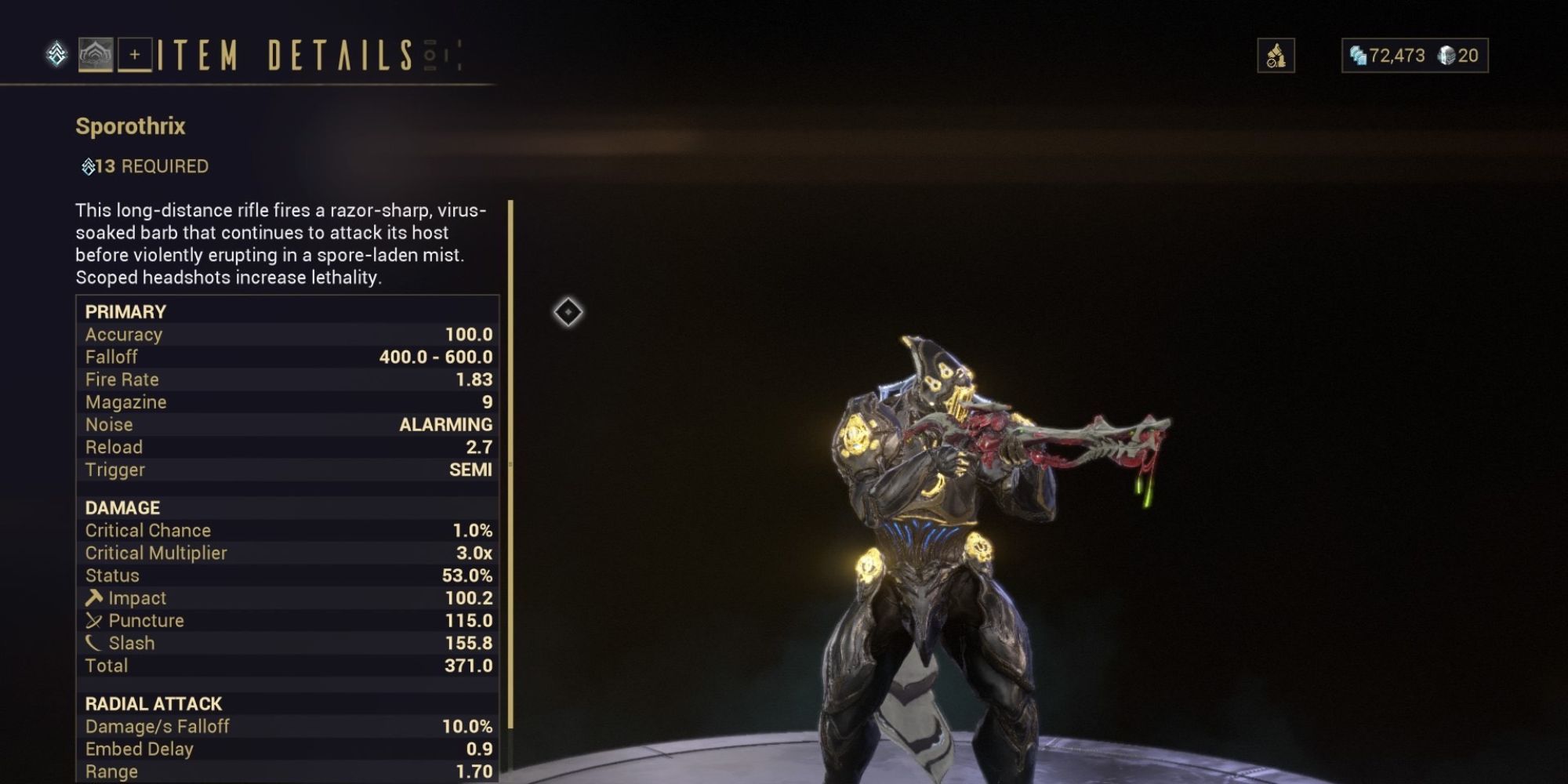 The Sporothrix sniper rifle preview page on Warframe