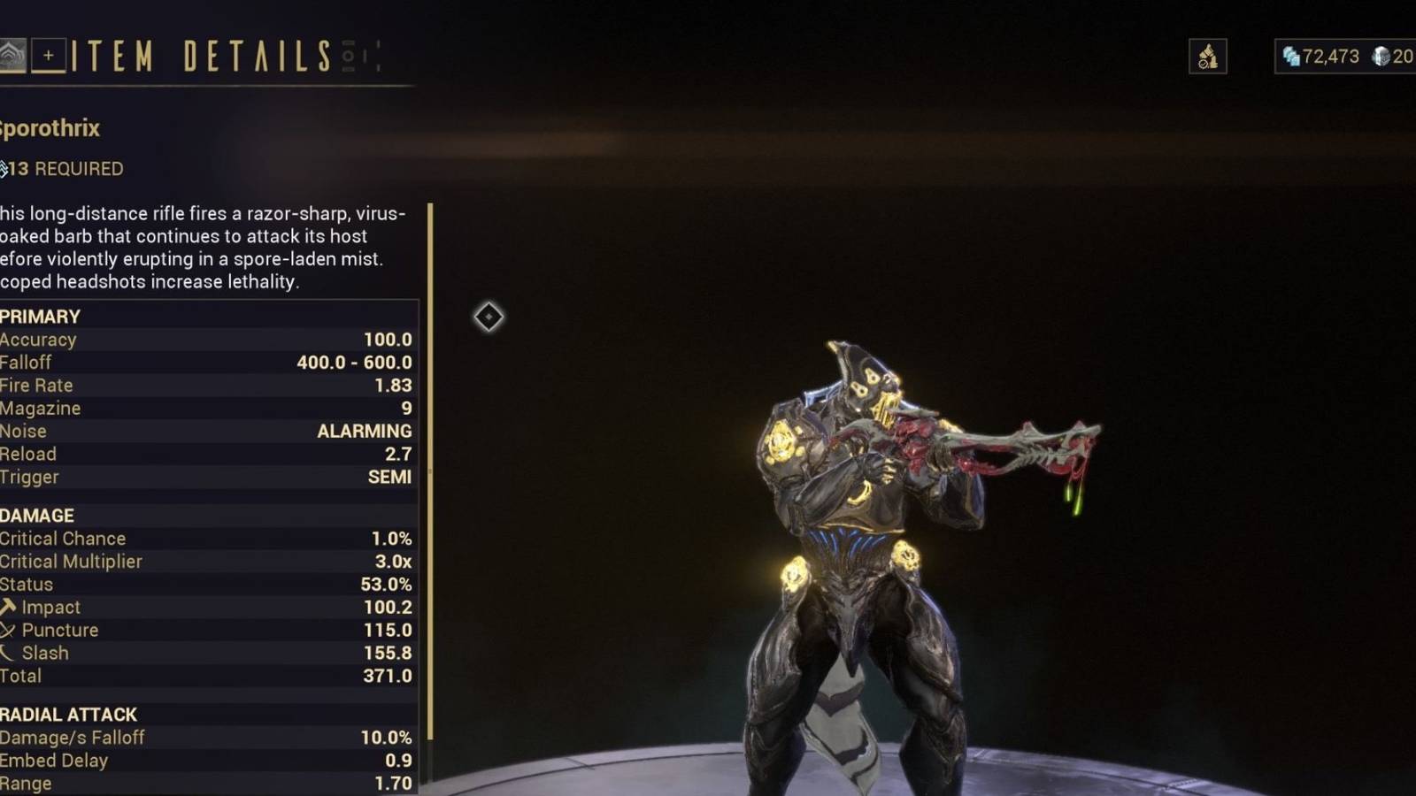 The Sporothrix sniper rifle preview page on Warframe