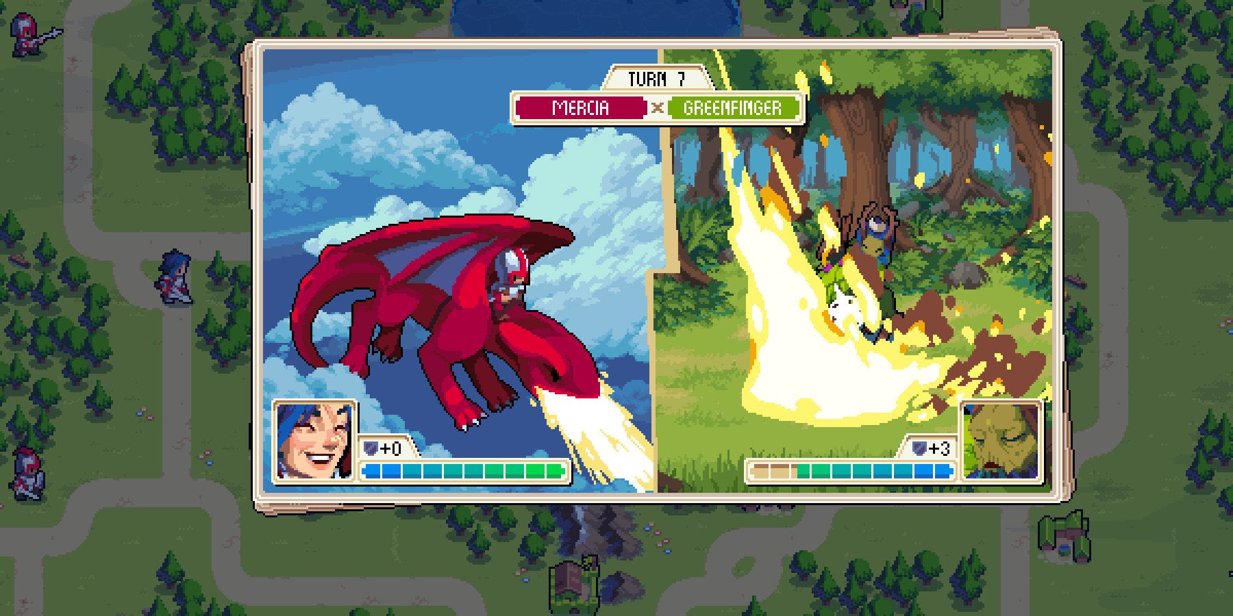 Dragon breathing fire on enemies in forest in Wargroove