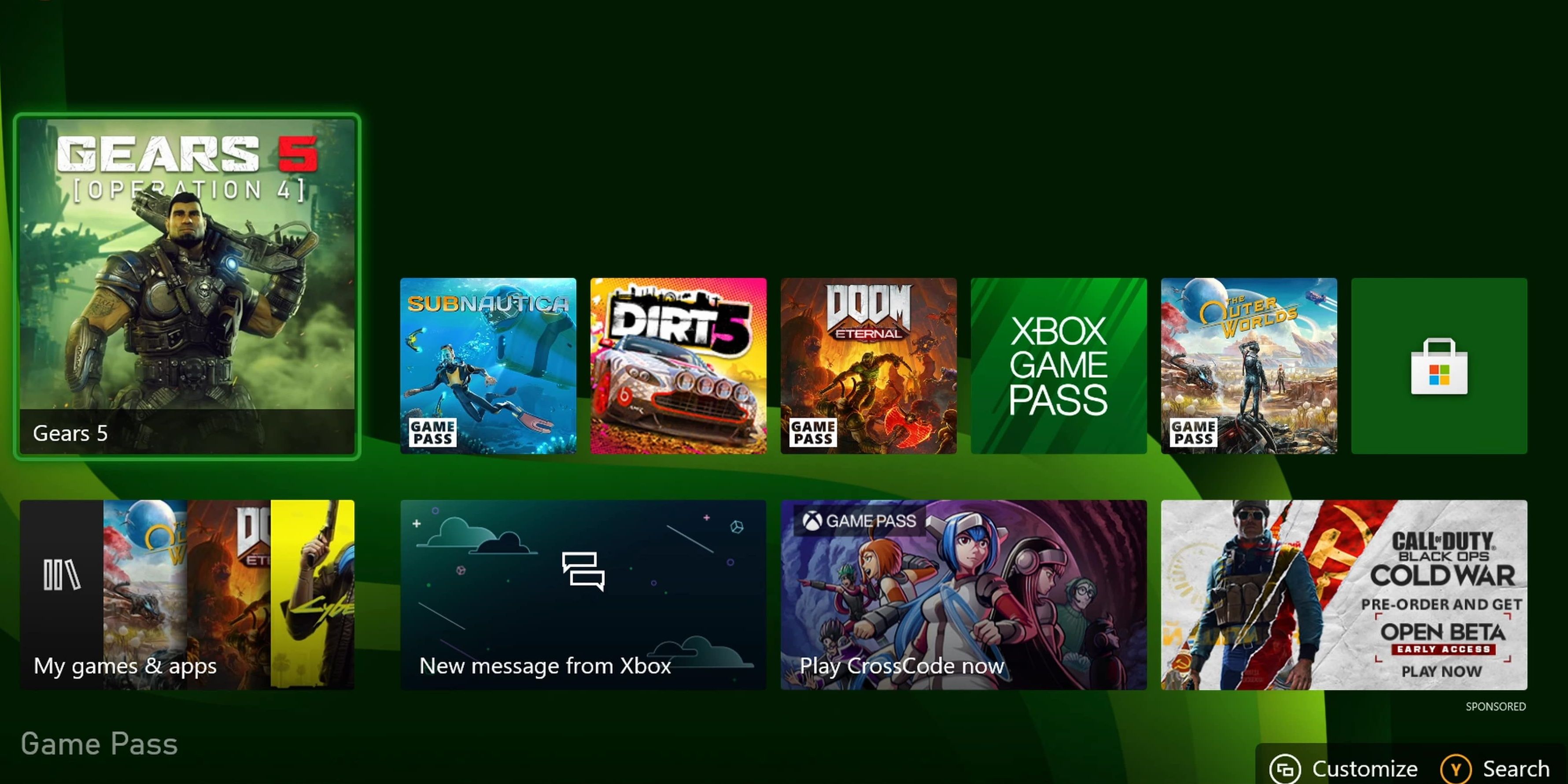 xbox UI with gears of war as the big square 
