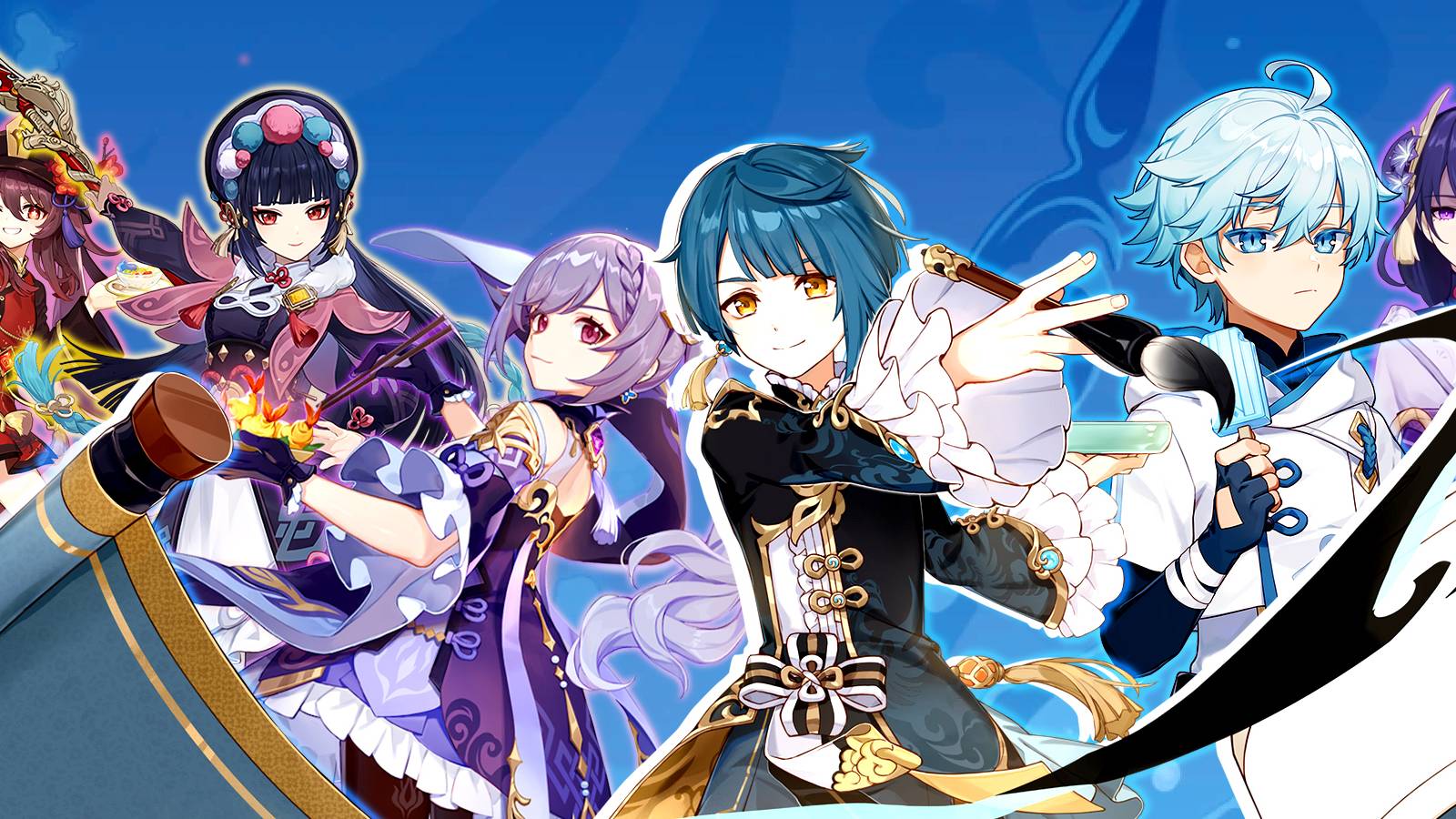 xingqiu, chongyun, raiden, keqing, yunjin, and hu tao in genshin impact