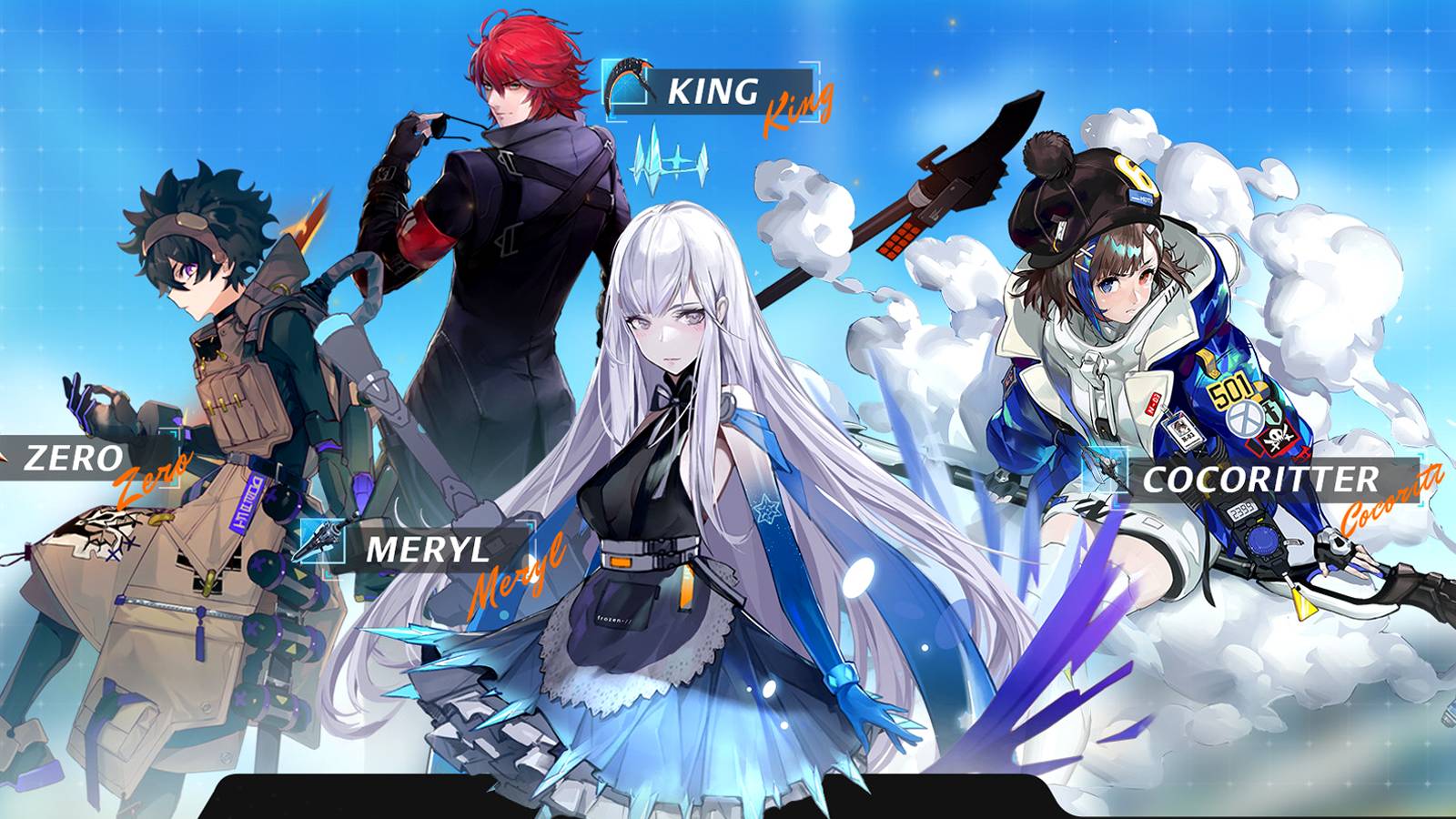 zero, king, meryl, and cocoritter in tower of fantasy