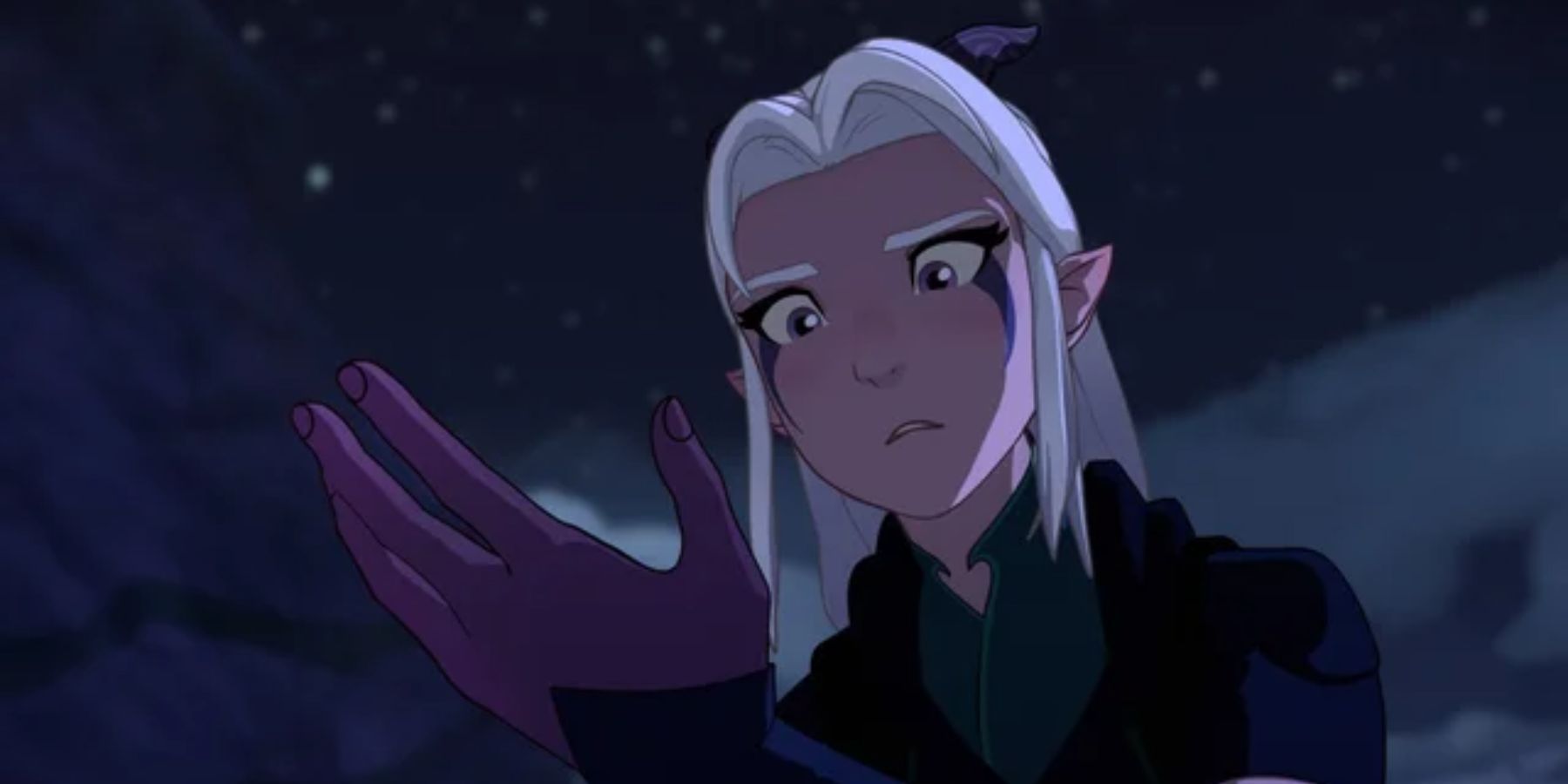 Rayla stares at her injured hand in The Dragon Prince