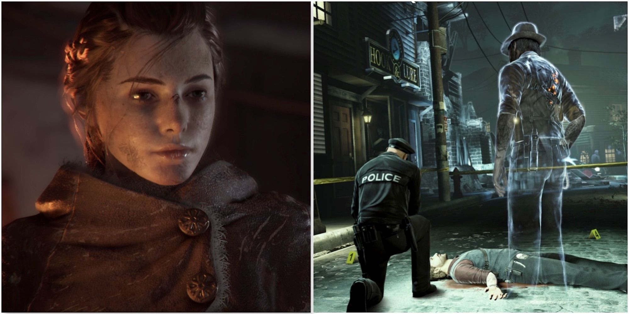 Amicia de Rune in A Plague Tale Innocence and a cutscene featuring characters in Murdered Soul Suspect