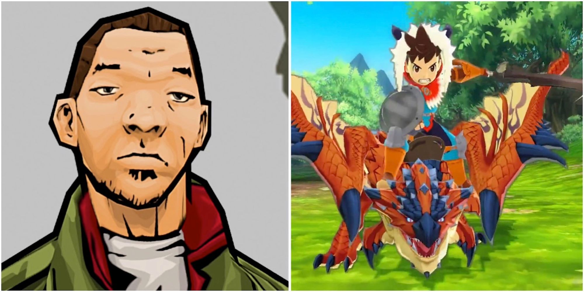 Huang Lee in Grand Theft Auto Chinatown Wars and the main character riding Ratha in Monster Hunter Stories