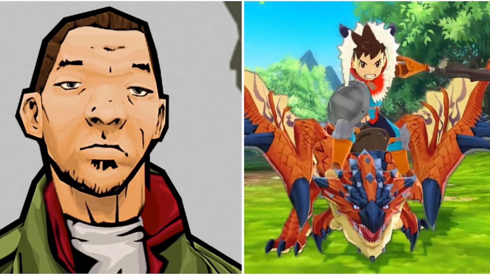 Huang Lee in Grand Theft Auto Chinatown Wars and the main character riding Ratha in Monster Hunter Stories