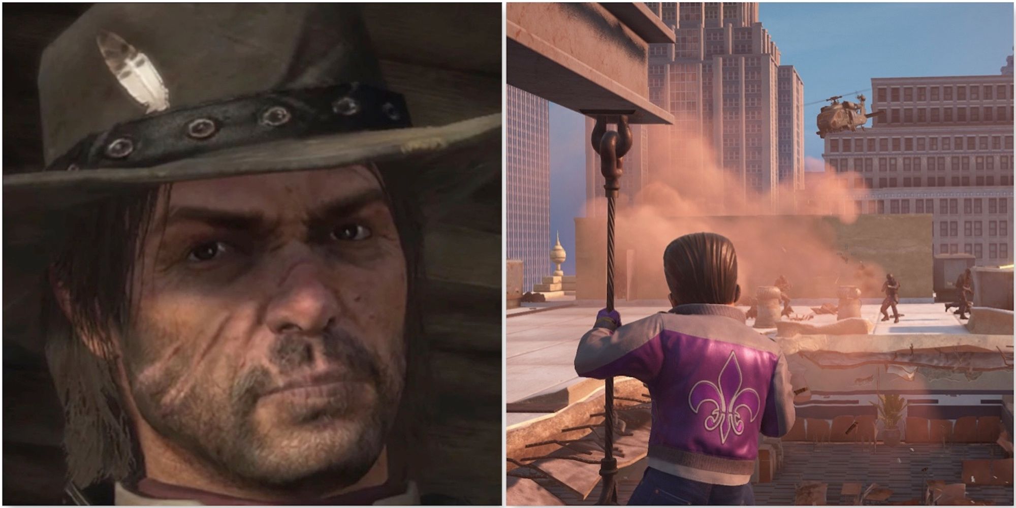 John Marston in Red Dead Redemption and fighting enemies in Saints Row The Third
