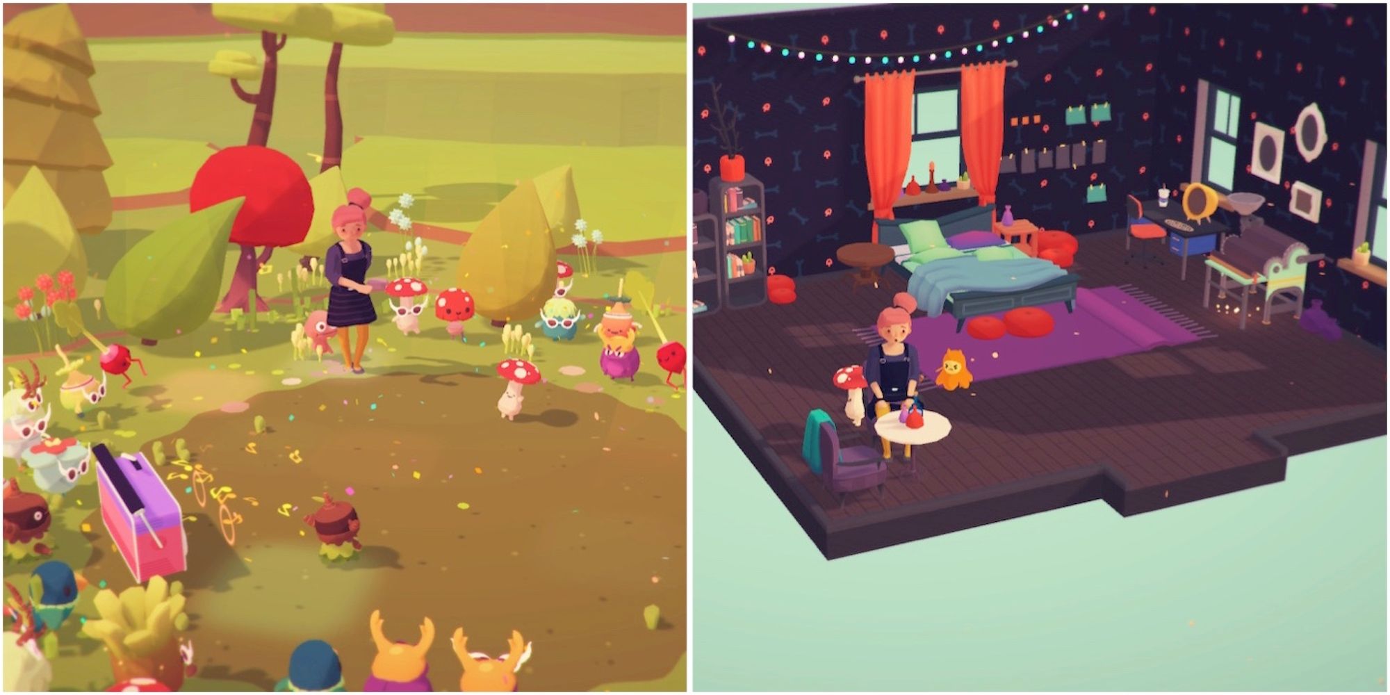 Fighting a battle and exploring the world in Ooblets 