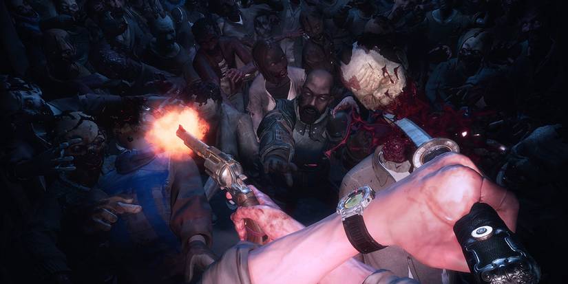 The Walking Dead Saints & Sinners zombie beheading, shooting revolver