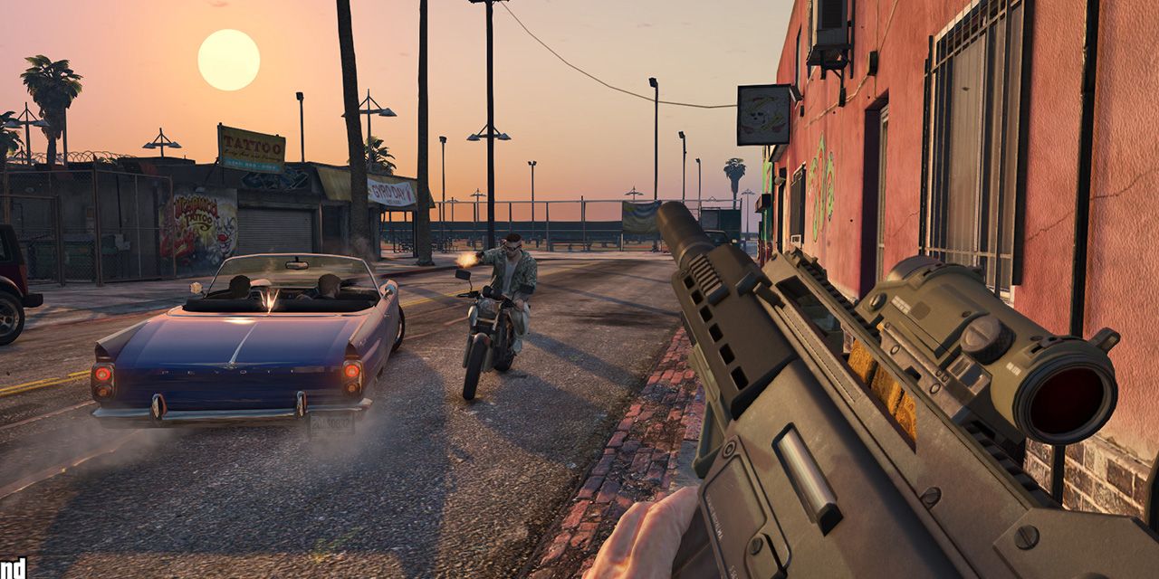Grand theft auto online first-person shooting at player on bike