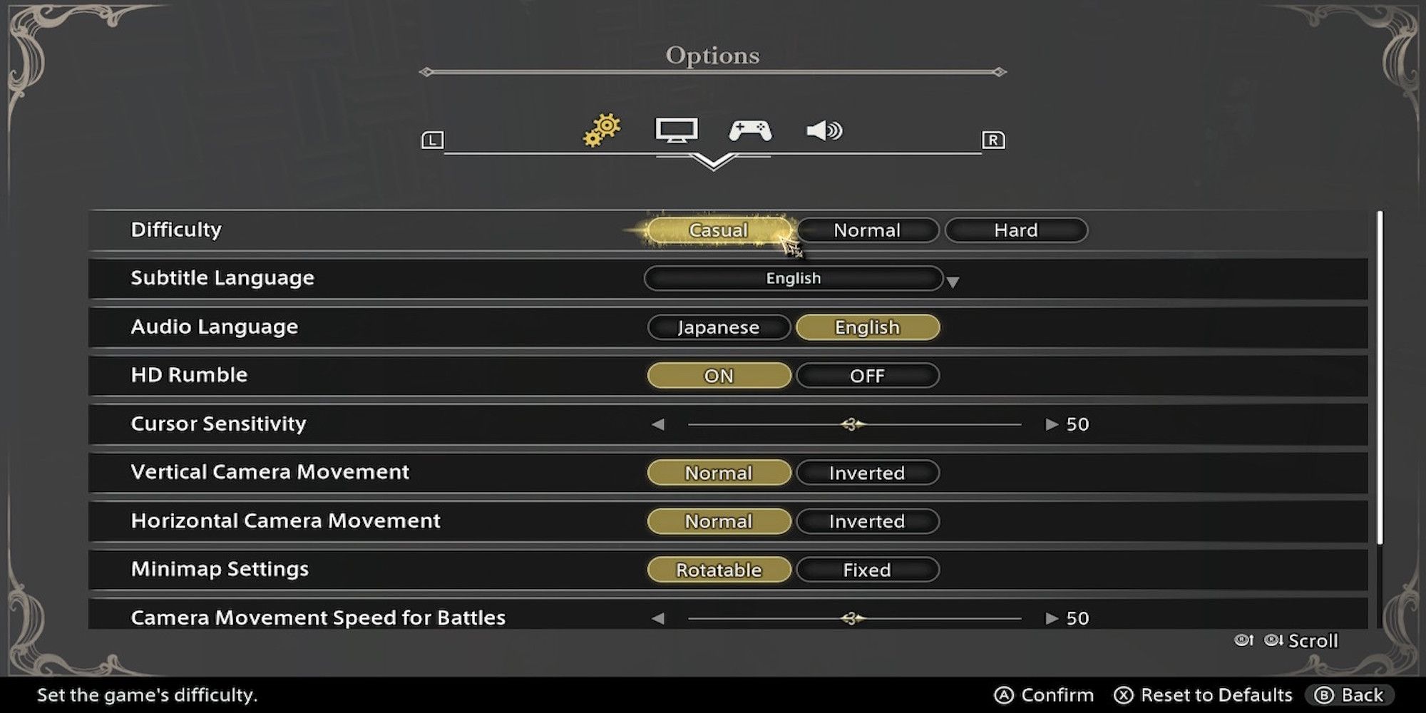 The difficulty menu in The Diofield Chronicle