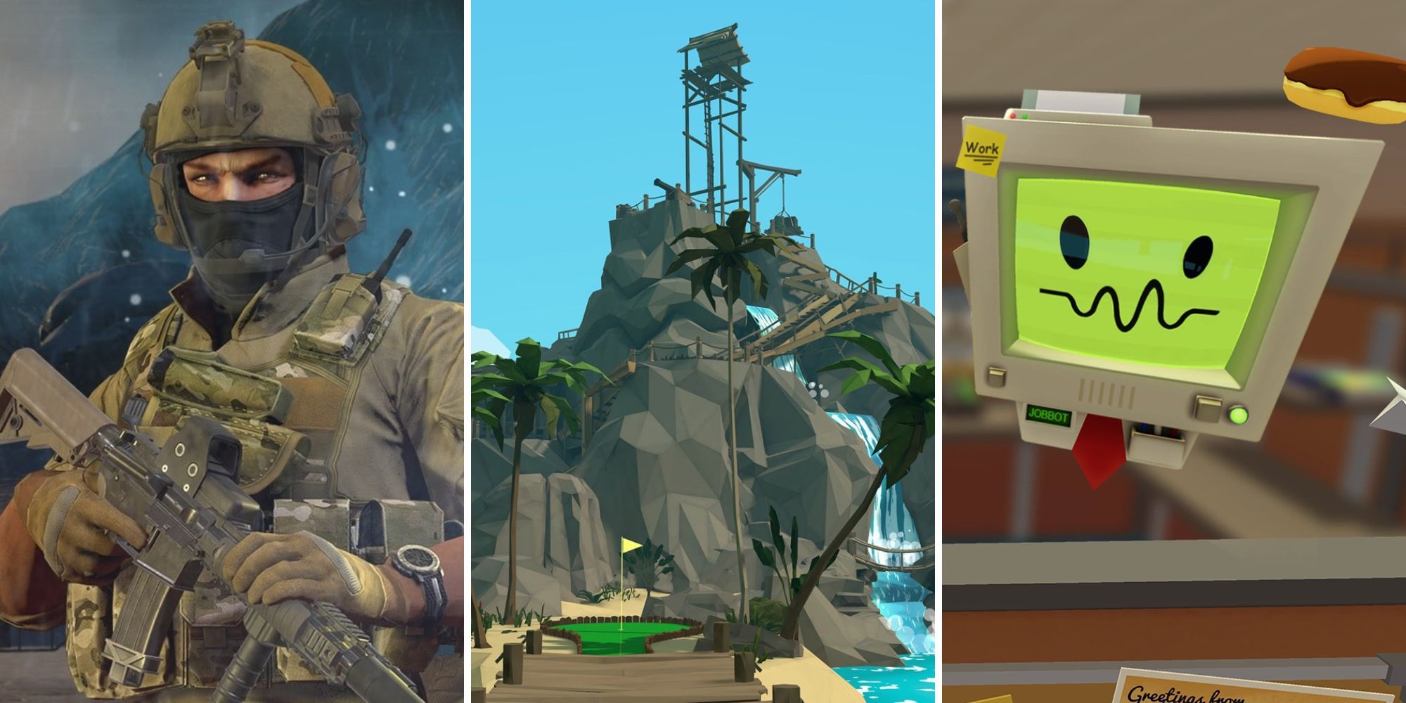 An image showing the games Onward, Walkabout Mini Golf, and Job Simulator that can be played on the Meta Quest 2