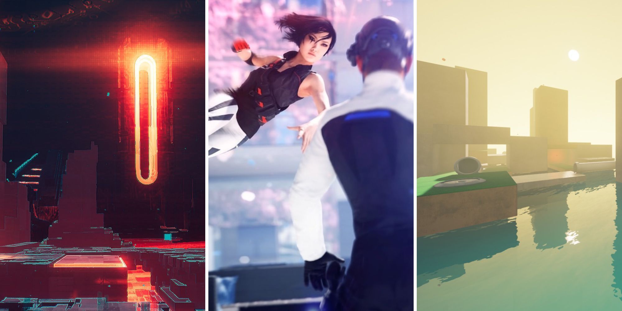 Levels from the games Ghostrunner and Refunct that include parkour and Faith leaping to punch an enemy in Mirror's Edge Catalyst