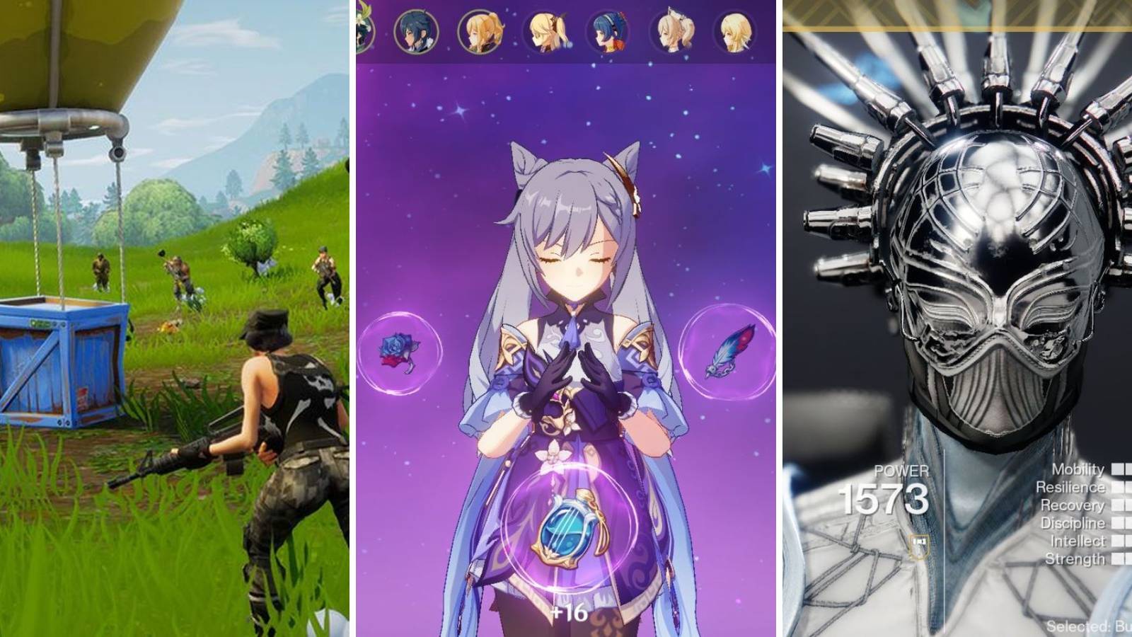 A player running towards a box in Fortnite, a character with purple hair and cat ears standing in Genshin Impact and an exotic helmet from Destiny 2