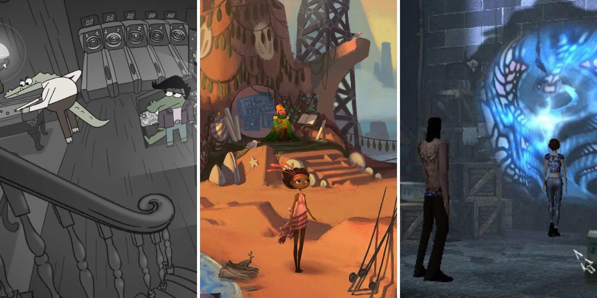 Screenshots from three different point and click games called Later Alligator, Broken Age, and The Longest Journey
