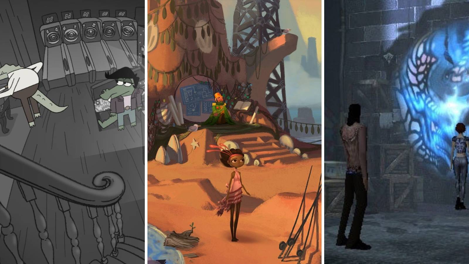 Screenshots from three different point and click games called Later Alligator,  Broken Age, and The Longest Journey