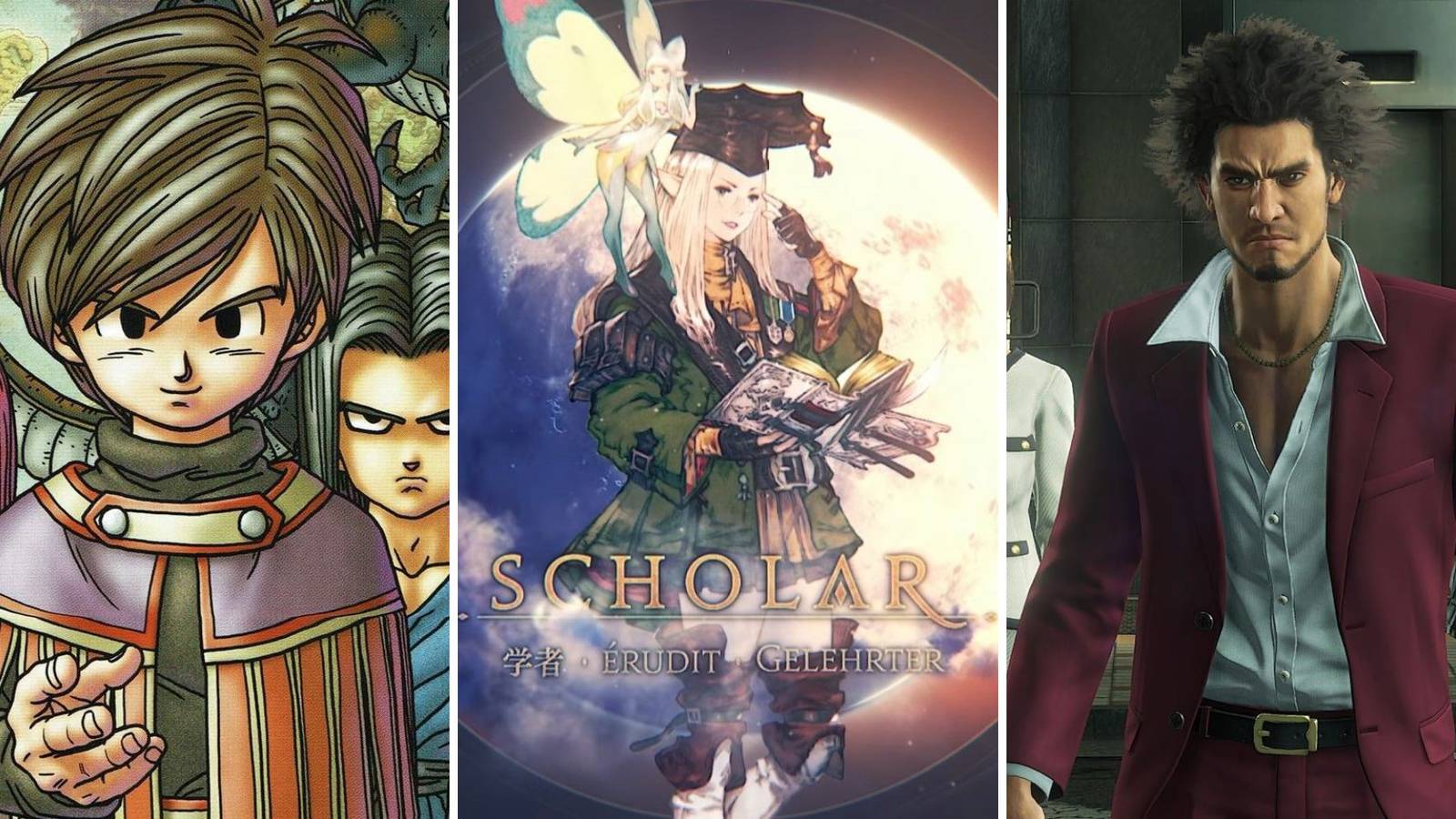 Different characters and classes from Dragon Quest 9, Final Fantasy 14, and Yakuza: Like A Dragon