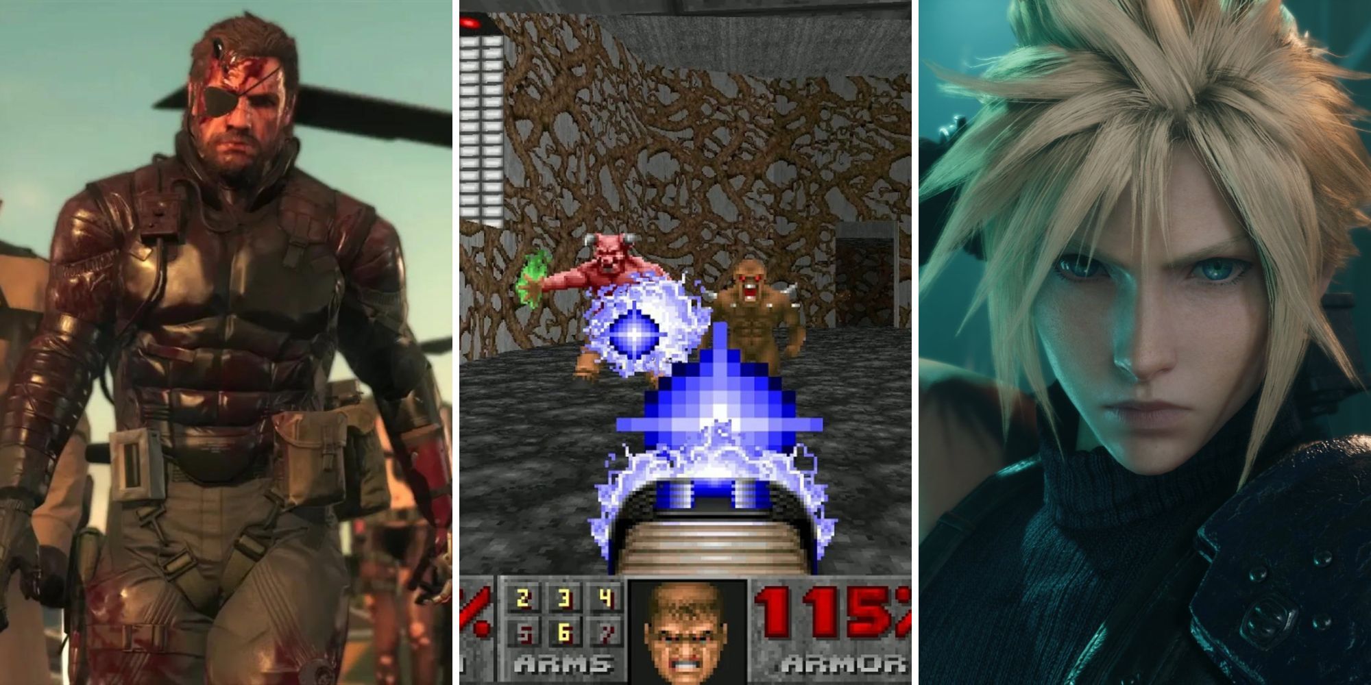 A grid of games showing Solid Snake from Metal Gear Solid, Doomguy attacking enemies in the original Doom and a close up of Cloud from the Final Fantasy 7 Remake