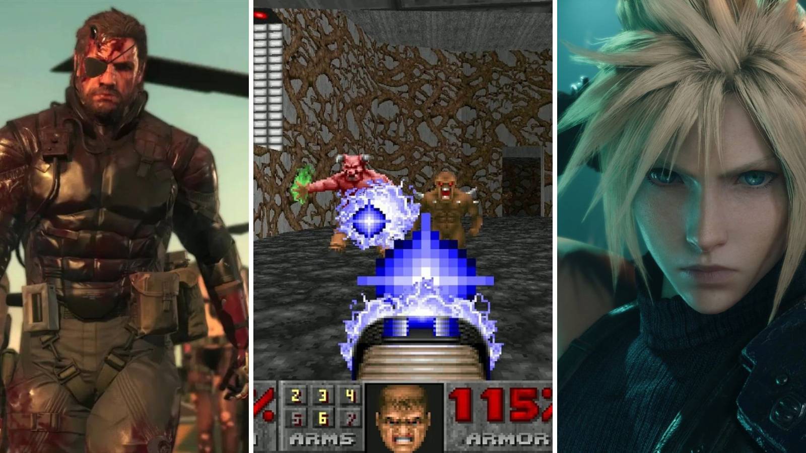 A grid of games showing Solid Snake from Metal Gear Solid, Doomguy attacking enemies in the original Doom and a close up of Cloud from the Final Fantasy 7 Remake