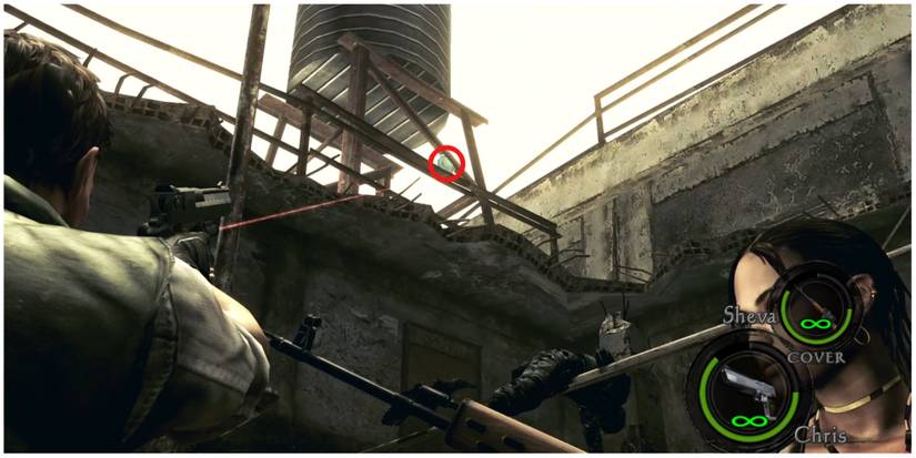 Resident Evil 5 Chapter 1-2 emblem 2 on a water tower