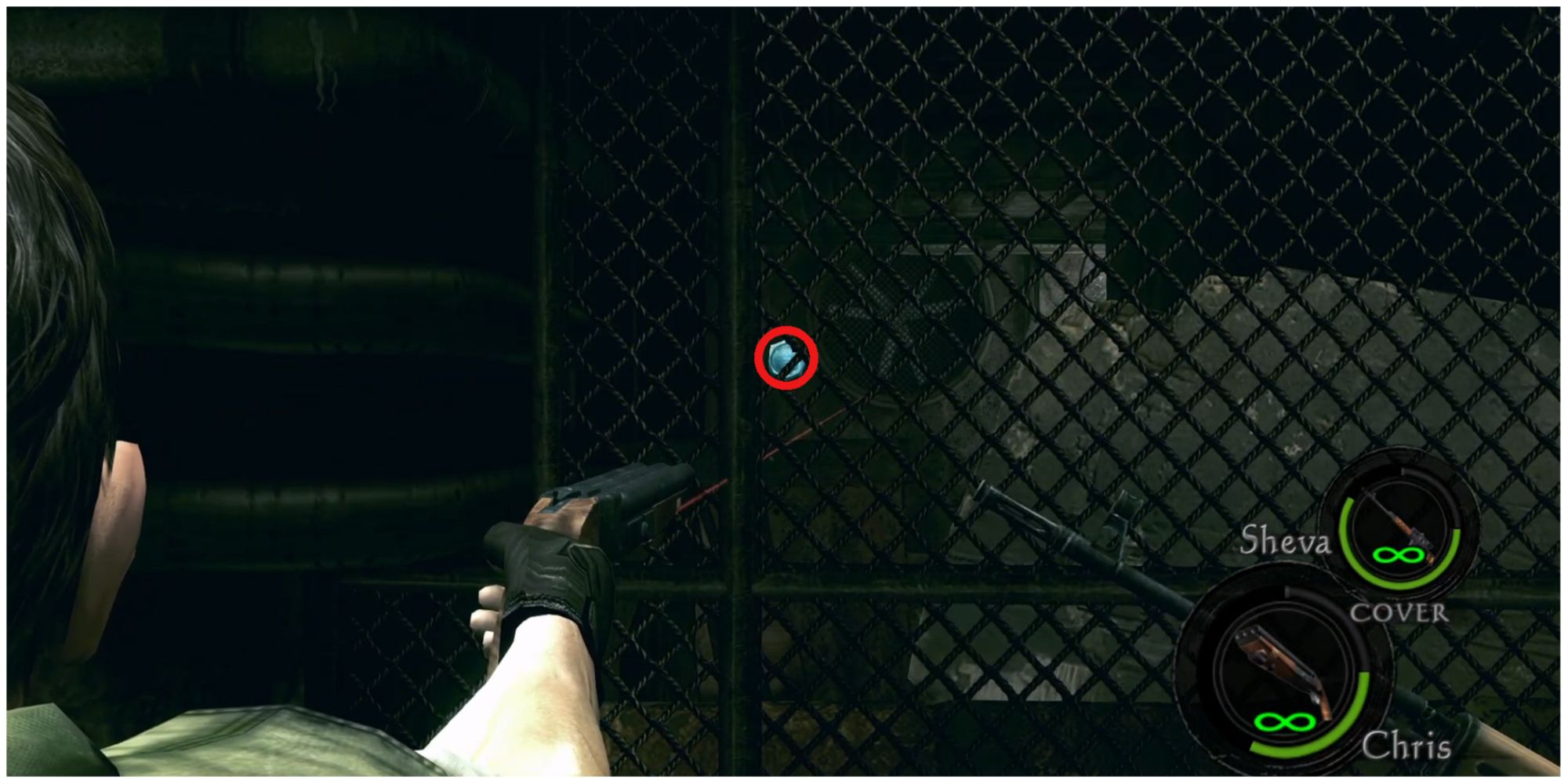 Resident Evil 5 chapter 1-2 emblem 3 behind a wire fence