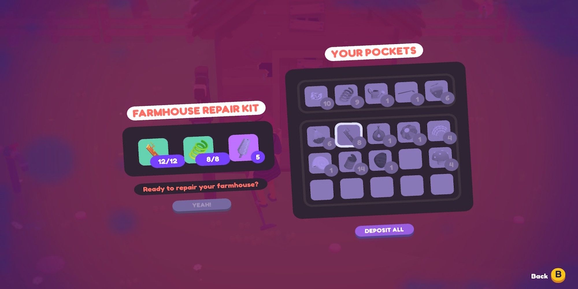 The inventory menu in Ooblets