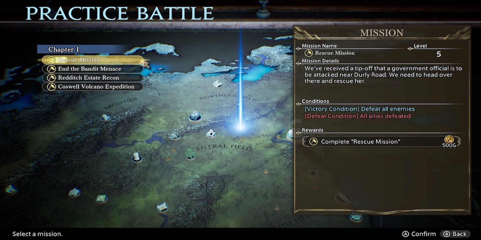 The practice battle menu in The Diofield Chronicle