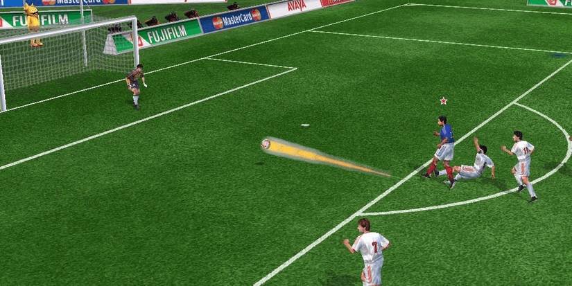 A player scoring a goal in the video game 2002 FIFA World Cup
