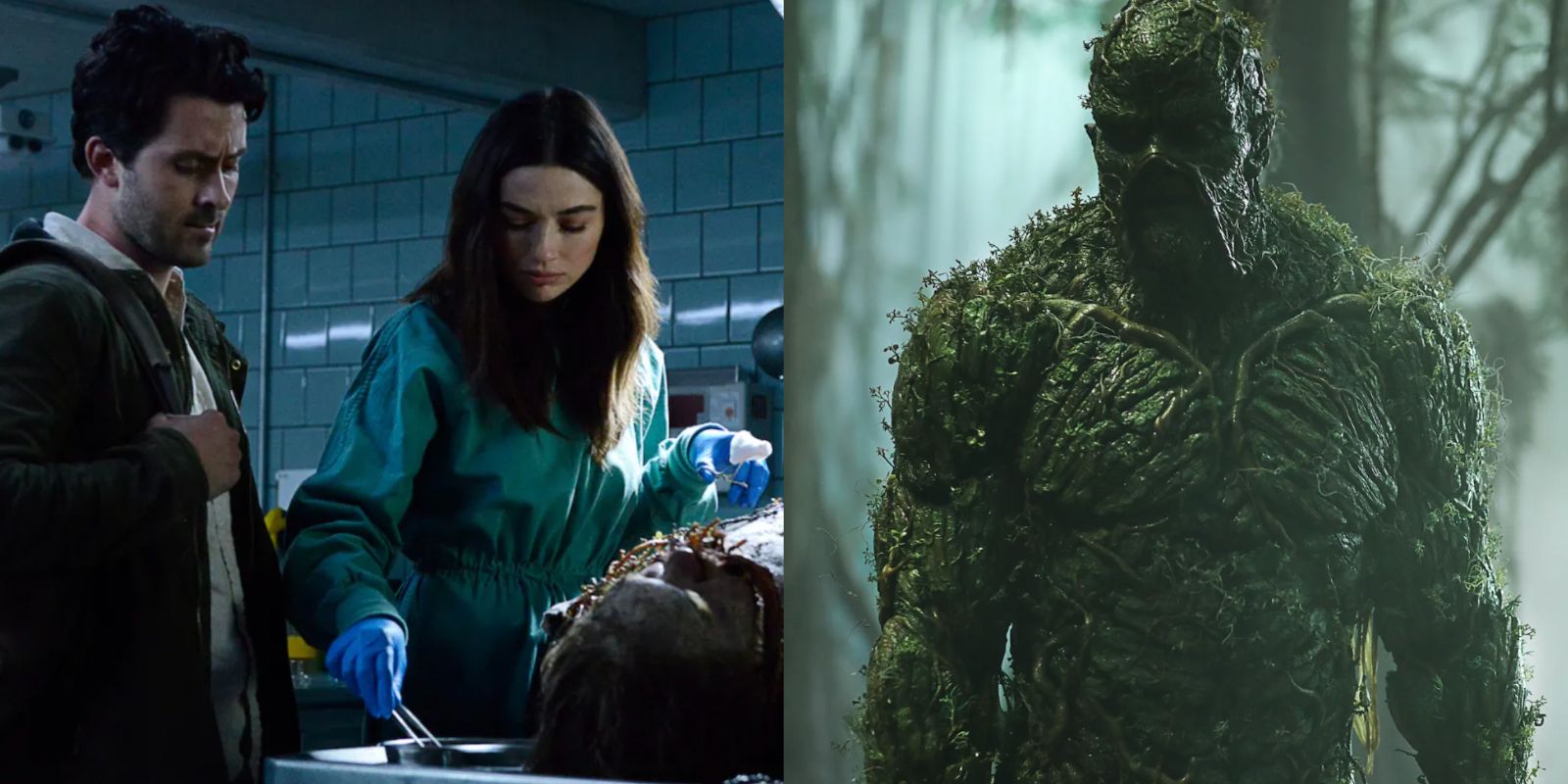 A split image features Alec and Abby examining a body, as well as the plan creature of Swamp Thing in the 2019 live action series