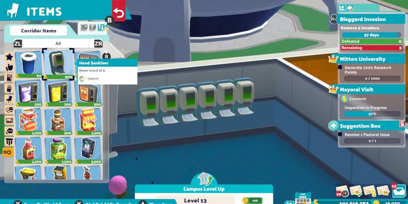 A row of hand sanitizers in Two Point Campus