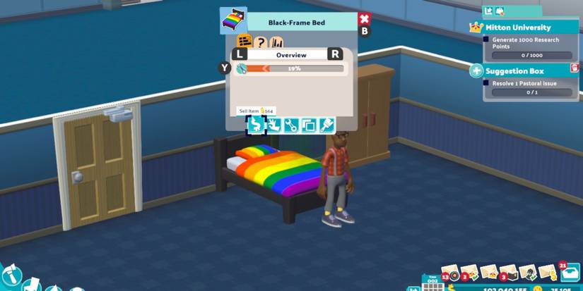 A rainbow-striped bed in Two Point Campus