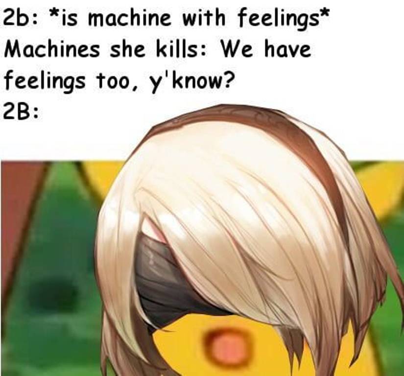 2B's head photoshopped onto the Surprised Pikachu meme