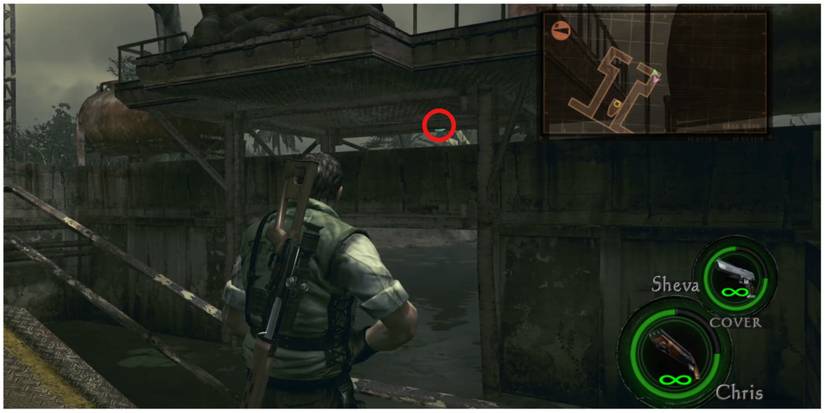 Resident Evil 5 chapter 3-3 emblem 1 underneath a metal overhang