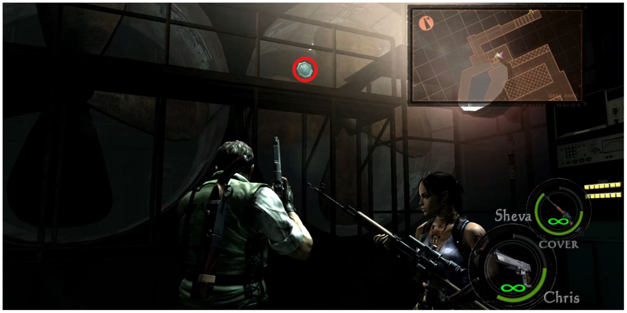 Resident Evil 5 chapter 5-3 emblem 1 behind a fan