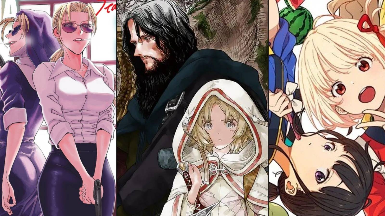 collage image of manga cover art featuring a blonde woman in front of a window, a duo of a young blonde girl and a dark haired man in a forest, and a duo of 2 young girls lying on a blank background