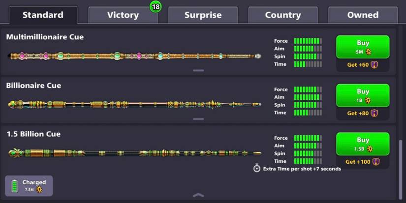 The 1 and a half billion cue on 8 Ball Pool